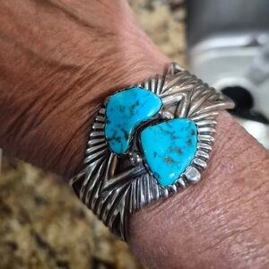 Vintage Cuff with 2 Turquoise stones & Sterling